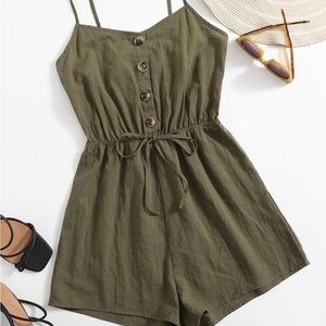 SHEIN Olive Green Button Front Spaghetti Strap Romper